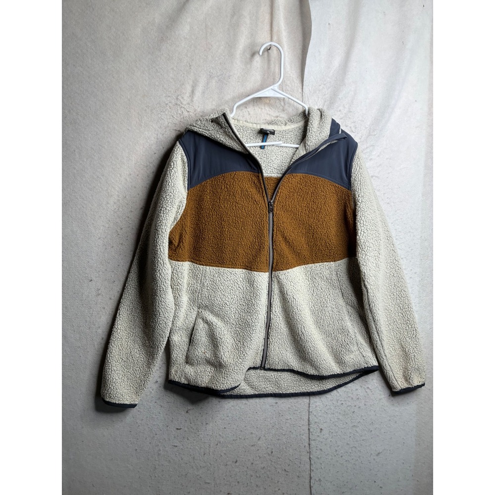 KUHL Mens XL Sherpa Fleece Full Zip Hoodie Colorblock Cream Brown Navy 9232